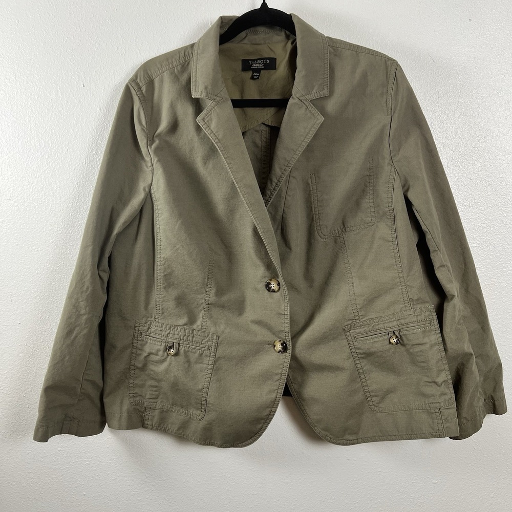 Talbots Woman Petites Blazer Jacket Olive Green 22WP Cotton Blend Two Button